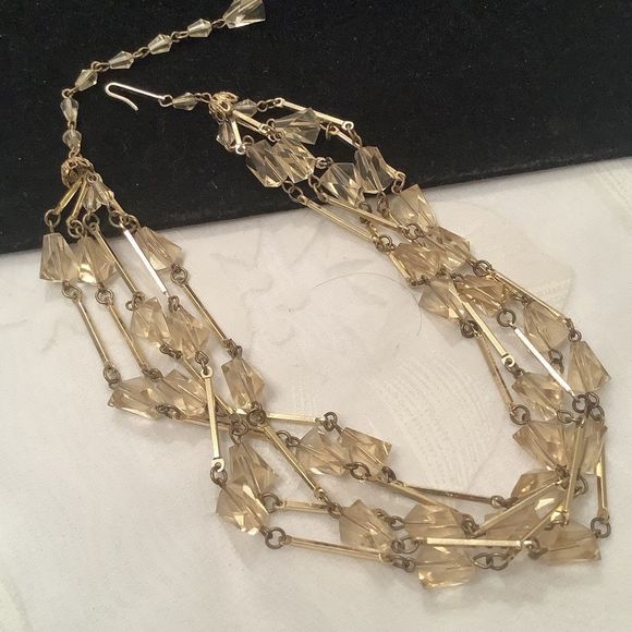 Vintage Jewelry - Vintage Gold Tone Multi Strand Crystal Necklace
